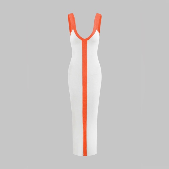 Micas Dresses & Skirts - White and Orange V-Neck Bodycon Maxi Dress